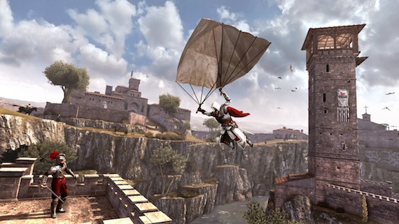 Guard:"Lolwut? He uses a big towel to slow his fall?" Assassino:"Die potatoe!" Guard:"Nooooooo!"