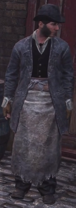 A man with heavy muttonshops, dressed in rough, tattered workers' clothes.