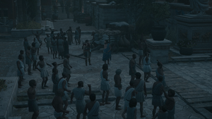 Sokrates talking to Kassandra among the mob.png