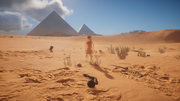 Bayek hallucinates Khemu as he is buried neck down.
