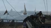 The Aquila being fired upon by gunboats