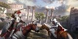 Ezio and a Borgia soldier battling on horseback.