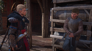 Eivor asking a man for the whereabouts of Hjorr and Ljufvina