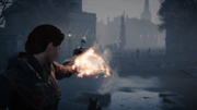 Evie firing on a roadblock