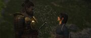 Yasuke lending his aid to Naoe