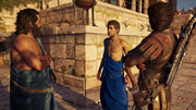Aristophanes, Kassandra and Sokrates discussing Hermippos
