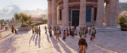Bayek discovering a crowd outside Battos' tomb