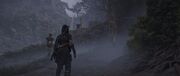 Naoe discovering a trail to the Assassin hideout