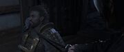 Naoe putting her katana near Yasuke's neck