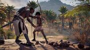 Bayek teaching Khemu to shoot