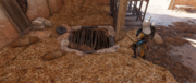 Bayek finding a wooden door cellar