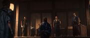 Diogo in front of Nobutsuna's residence, heavily guarded by samurai