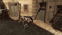 Ezio tackles the thief.