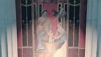 A painting on the northern wall depicting an infant Alexander being washed