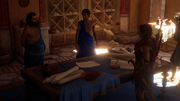 Aristophanes, Kassandra and Sokrates proposing a play to tarnish Kleon's reputation