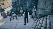 Arno Dorian amidst carpenters smoking pipes