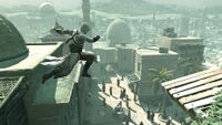 Altaïr free running across the rooftops.
