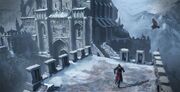 Ezio traversing the fortress' battlements