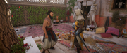 Bayek and Phanos hearing soldiers approaching the home