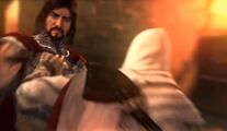 Cesare Borgia attempting to stop Ezio Auditore's attack.