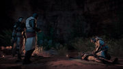 Kashta, Amunet and Bayek mourning Tahira's death