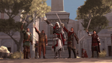 Bartolomeo and the other Assassins standing against Cesare.