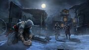 Ezio setting a tripwire bomb.
