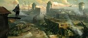 Ezio overlooking a shipyard.