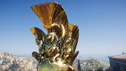 Close-up of the statue's helmet in-game