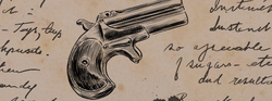 An ink drawing of a short-barreled pistol surrounded by writing, on aged paper.