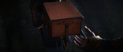 The masked woman hands the box to the leader