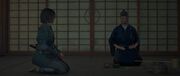 Naoe sits down with Rikyu for a mock tea ceremony