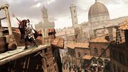 Ezio killing a guard on a Florentine rooftop