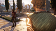 A figure approaches Kassandra from behind