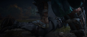 The masked samurai trempling on Naoe's thigh, crippling her