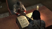 Achilles showing Connor his accounting book.