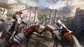 A horseback battle between Ezio and a Borgia soldier.