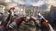 A horseback battle between Ezio and a Borgia soldier