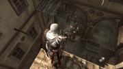 Ezio aiming the Hidden Gun at the target