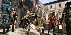 The Footpad assassinating the Smuggler whilst other stand around.