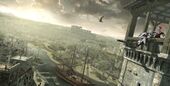 Ezio assassinating a guard atop a tower in Rome.