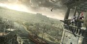 Ezio pulling a Captain from a Borgia tower.
