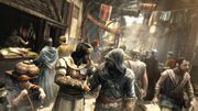 Ezio and Yusuf in a market