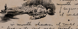 An ink drawing of a body surrounded by writing, on aged paper.