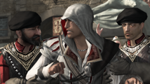 Ezio restrained by the guards