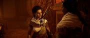 Aya informing Bayek of her decision to go to Rome