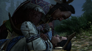 Kanen'tó:kon holding a knife to Ratonhnhaké:ton's throat