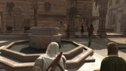 Altaïr observing the civilian and Abu'l's guard