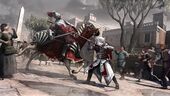 Ezio killing a guard mounted on a horse.