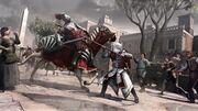 Ezio killing a guard mounted on a horse